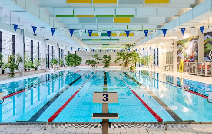 Startblöcke mit 25-Meter Becken im Hintergrund Panoramabild