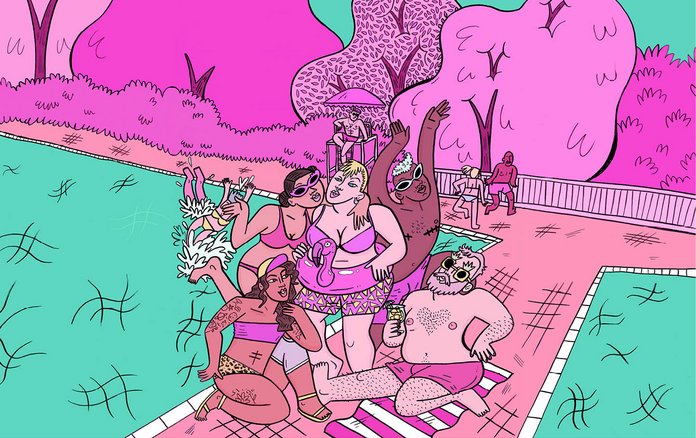Illustration von mehreren Menschen am Schwimmbecken