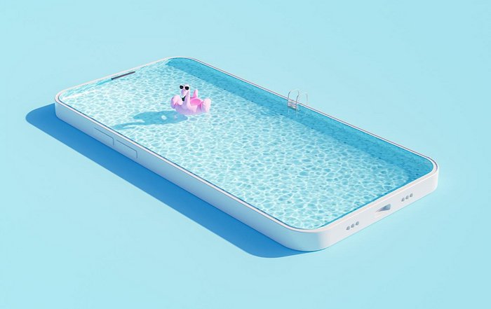 Kontakt | Berliner Bäder-Betriebe Schwimmbecken in Form eines Smartphones mit Flamingo