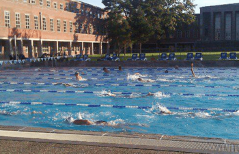 Außenbecken mit Schwimmern und Trainer am Beckenrand