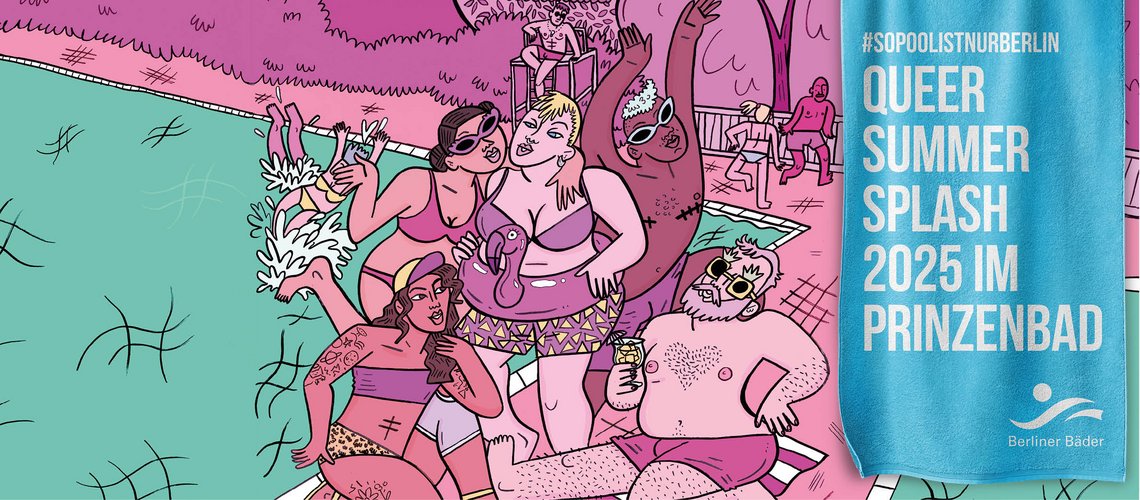 Illustration von mehreren Menschen am Schwimmbecken